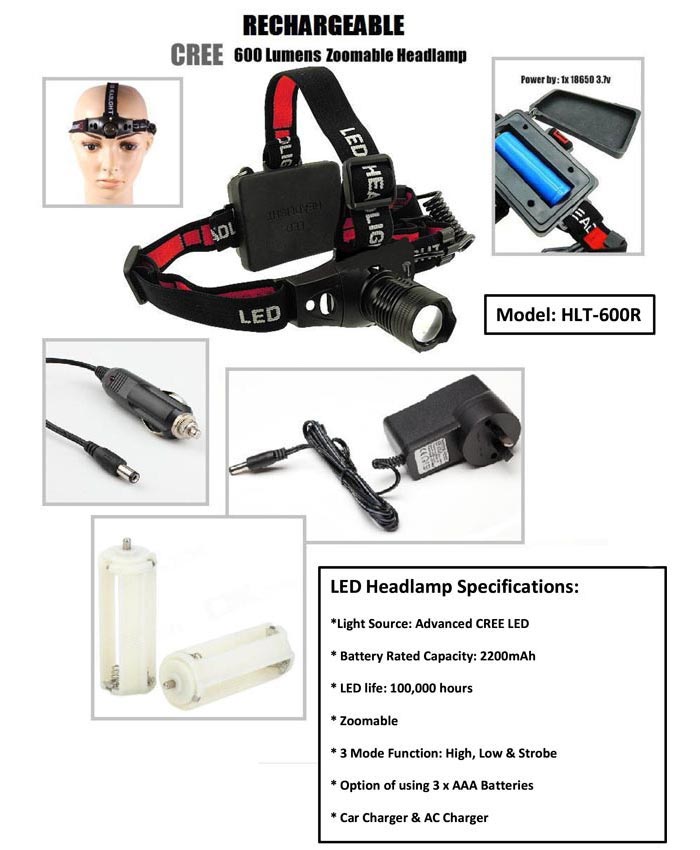 LED HEADLAMP SPECIFICATIONS : Light source: Advanced CREE LED     Battery Rated Capacityt: 2200mah       LED Life:  100,000 hours     zoomable       3 mode function: High, Low, & Strobe         Option of using 3 x AAA Batteries         Car Charger & AC Charger